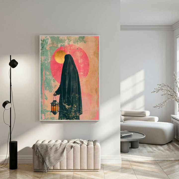 Wadi Home Mystic Lantern Woman Wall Art featuring a figure in black holding a lantern against a textured backdrop with a pink sun.