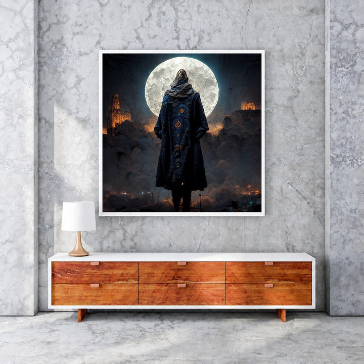 Wadi Home mystical figure under a full moon wall art, cloaked in a dark blue patterned robe.