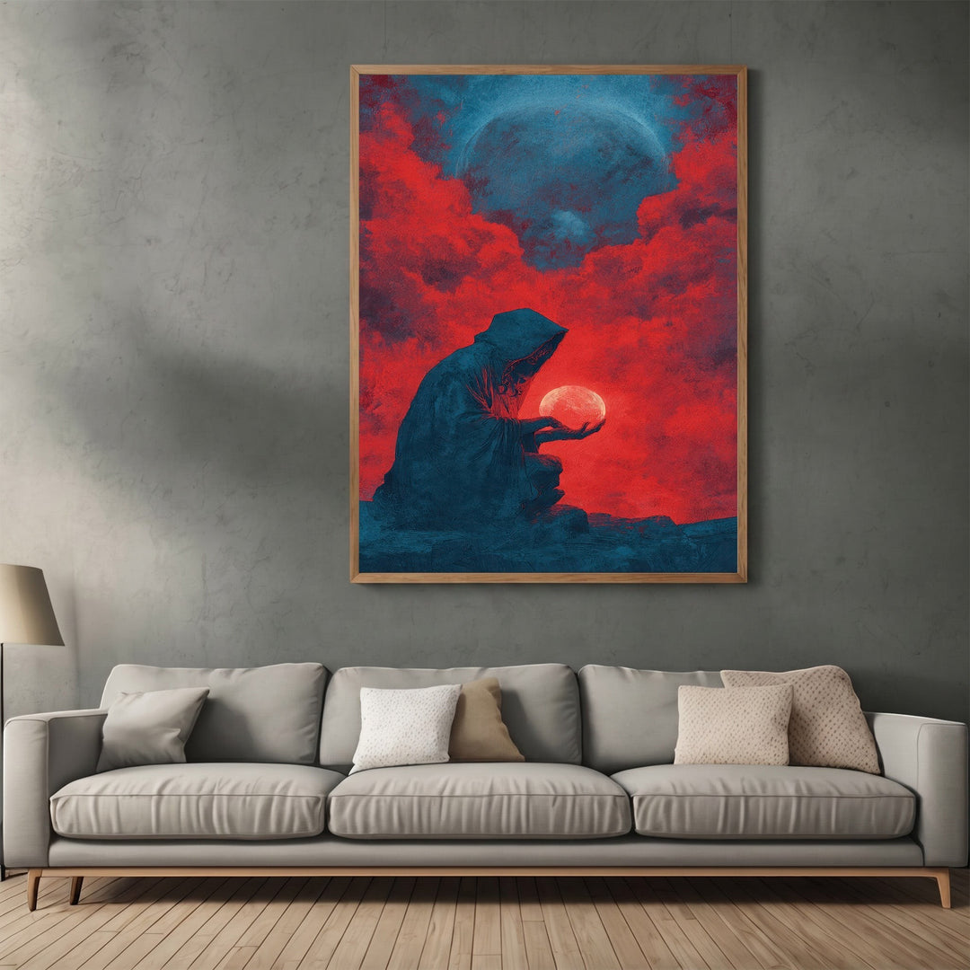 Wadi Home mystical hooded figure wall art print featuring a glowing orb against crimson clouds in a modern living room