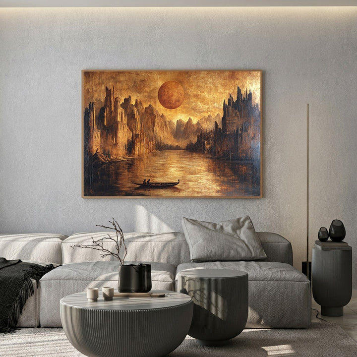 Wadi Home mystical landscape wall art print featuring golden spires and a large amber moon above a calm lake.