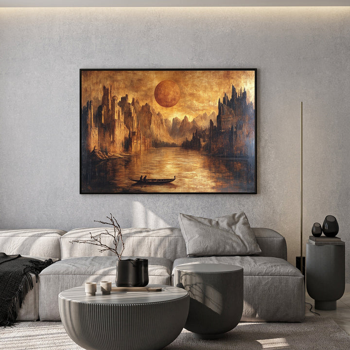 Wadi Home mystical landscape wall art print featuring golden spires and a large amber moon above a calm lake.