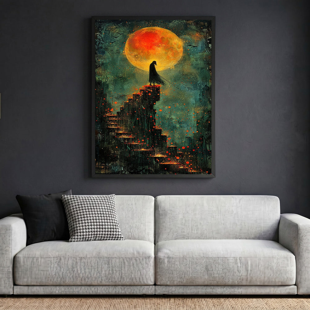 Wadi Home framed wall art featuring a cloaked figure on stairs under a blood-orange moon in teal and crimson tones.