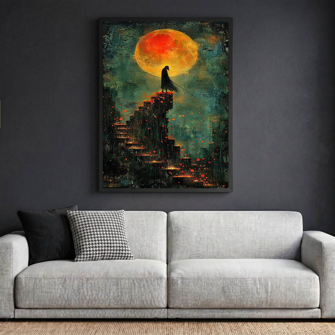 Wadi Home framed wall art featuring a cloaked figure on stairs under a blood-orange moon in teal and crimson tones.