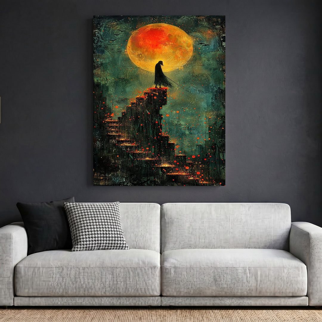 Wadi Home framed wall art featuring a cloaked figure on stairs under a large blood-orange moon in teal and charcoal.