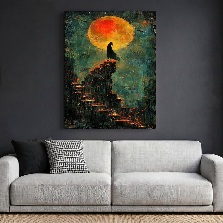 Wadi Home framed wall art featuring a cloaked figure on stairs under a large blood-orange moon in teal and charcoal.
