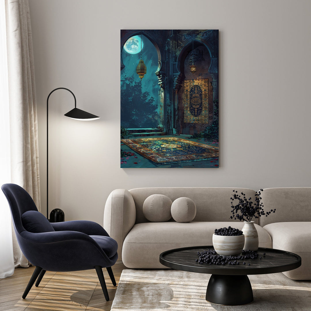 Wadi Home Mystical Moonlight Courtyard Wall Art featuring a serene courtyard scene under a full moon with intricate architectural details and a richly patterned rug.
