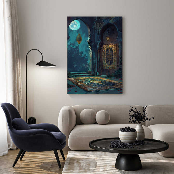 Wadi Home Mystical Moonlight Courtyard Wall Art featuring a serene courtyard scene under a full moon with intricate architectural details and a richly patterned rug.