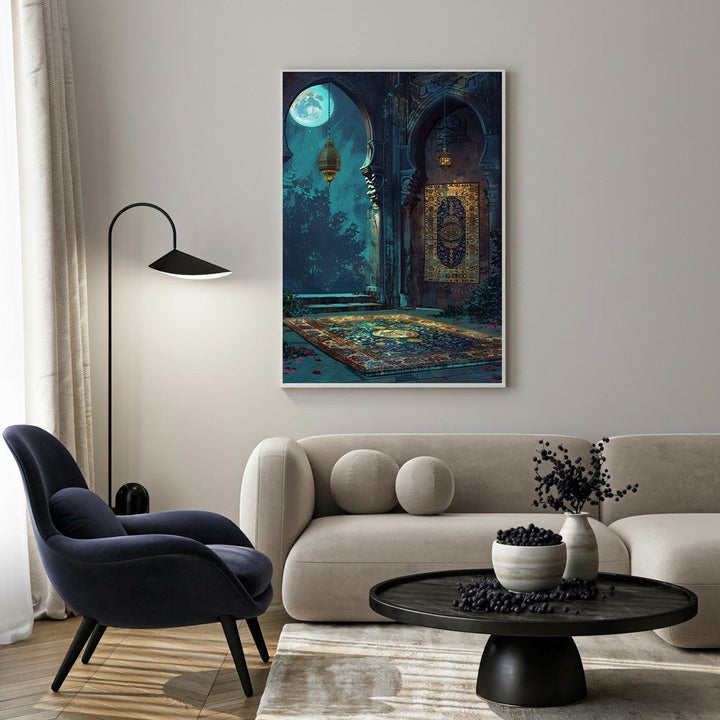Wadi Home Mystical Moonlight Courtyard Wall Art featuring a moonlit courtyard with intricate details and a richly patterned rug.