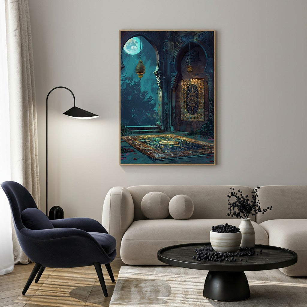 Wadi Home Mystical Moonlight Courtyard Wall Art featuring a moonlit courtyard with intricate details and a patterned rug, in deep blues and gold.