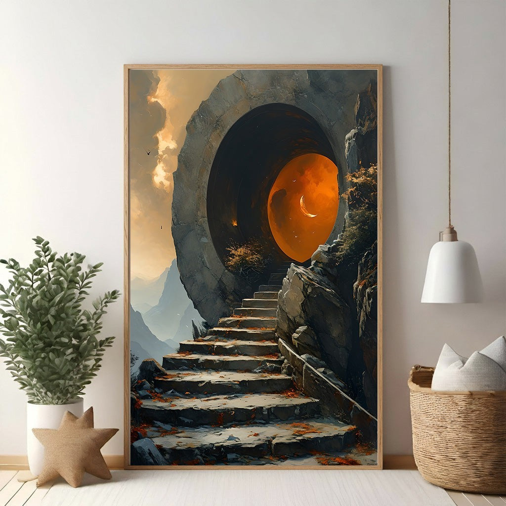 Wadi Home mystical stairway wall art with stone steps leading to a glowing celestial portal against a dramatic sky.