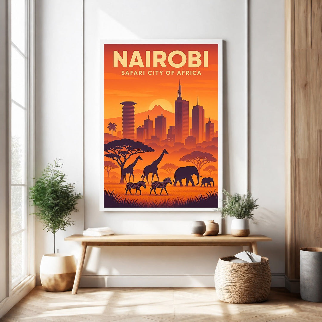 Wadi Home Nairobi Safari City of Africa poster featuring a vibrant sunset over the skyline with silhouetted giraffes, zebras, and elephants.