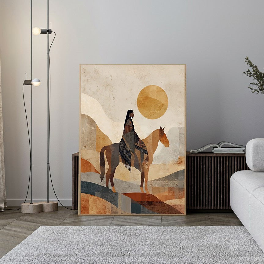 Wadi Home abstract Native American horse rider wall art in earthy tones with geometric patterns and a sun motif.