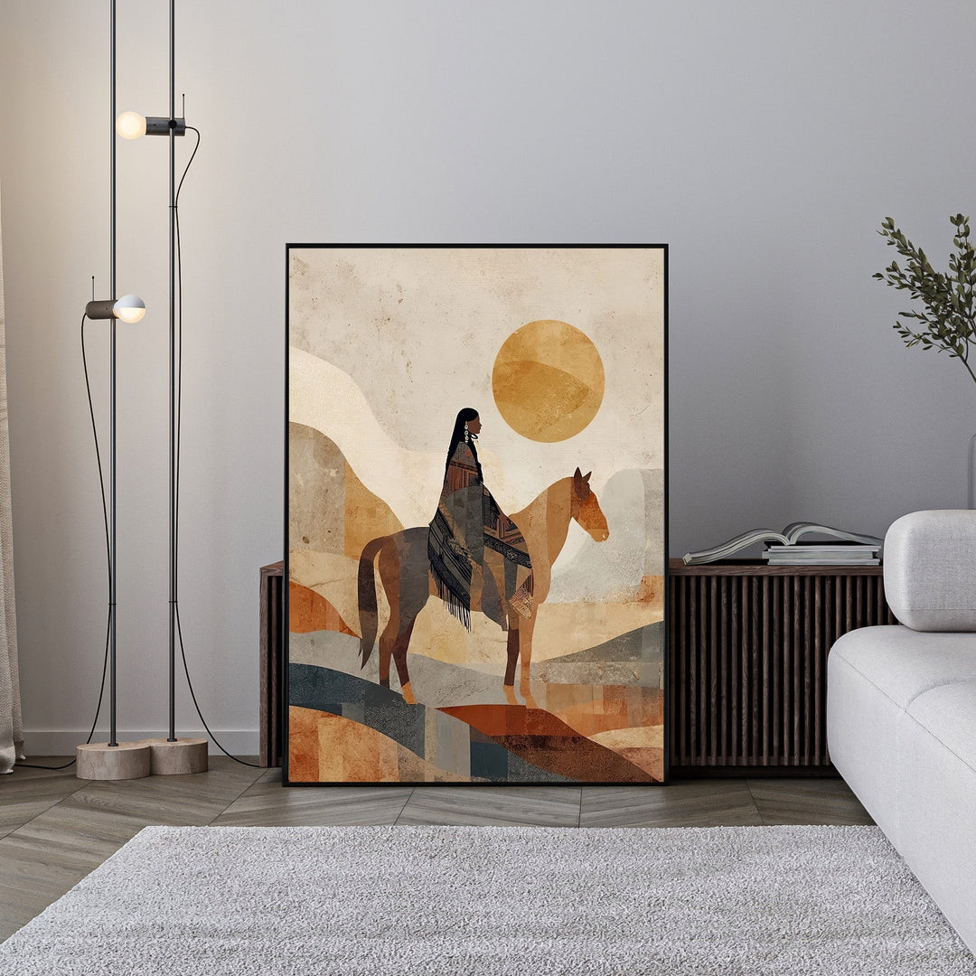 Wadi Home abstract Native American horse rider wall art in earthy tones of brown, orange, and muted blue.