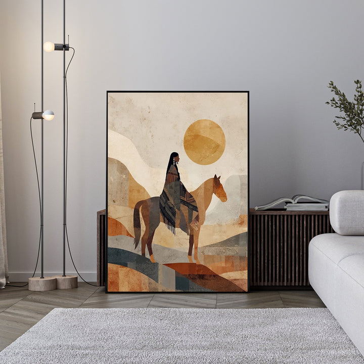 Wadi Home abstract Native American horse rider wall art in earthy tones of brown, orange, and muted blue.