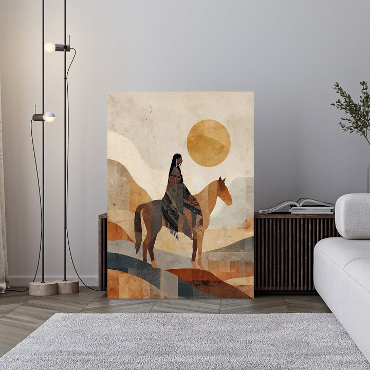 Wadi Home abstract Native American horse rider wall art in earthy tones of brown, orange, and muted blue.