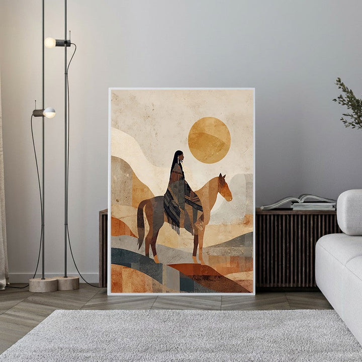 Wadi Home abstract Native American horse rider wall art with earthy tones and geometric shapes.