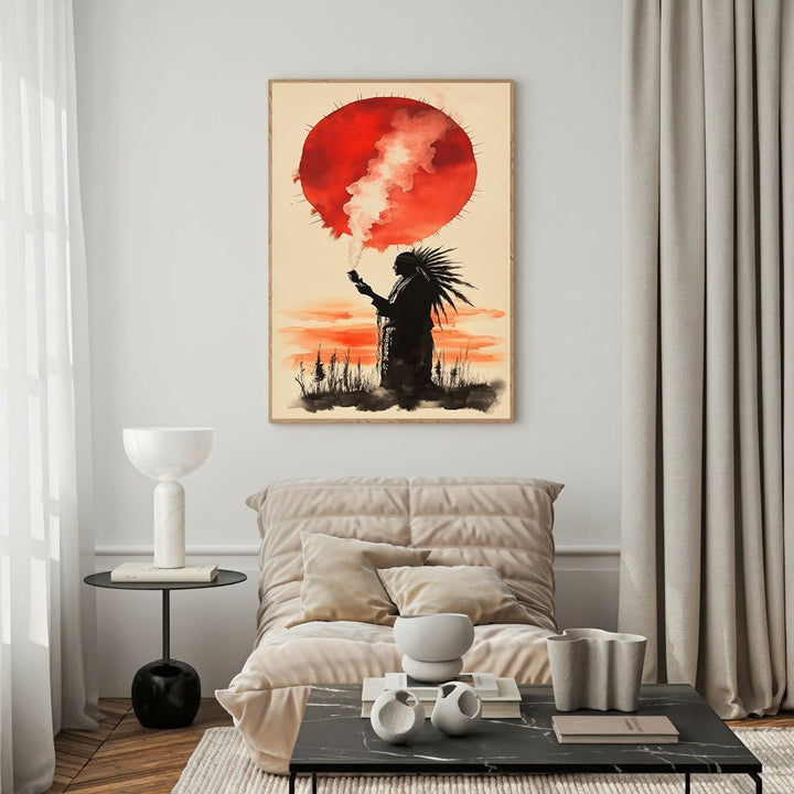 Wadi Home Native American warrior silhouette with headdress against a red sun and watercolor sky.