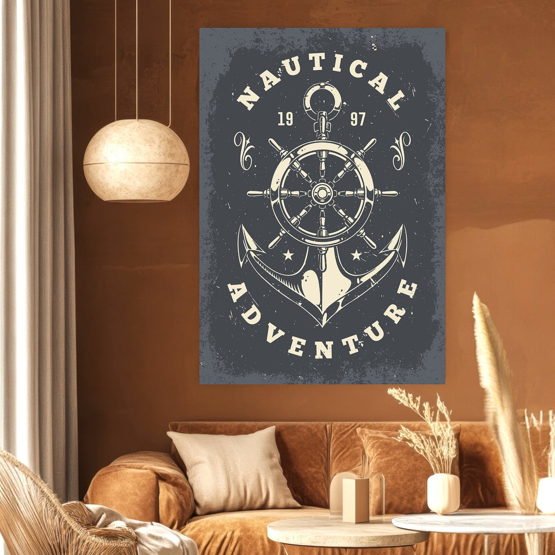 Wadi Home nautical adventure framed wall art featuring a vintage ship wheel and anchor design on a dark grey background