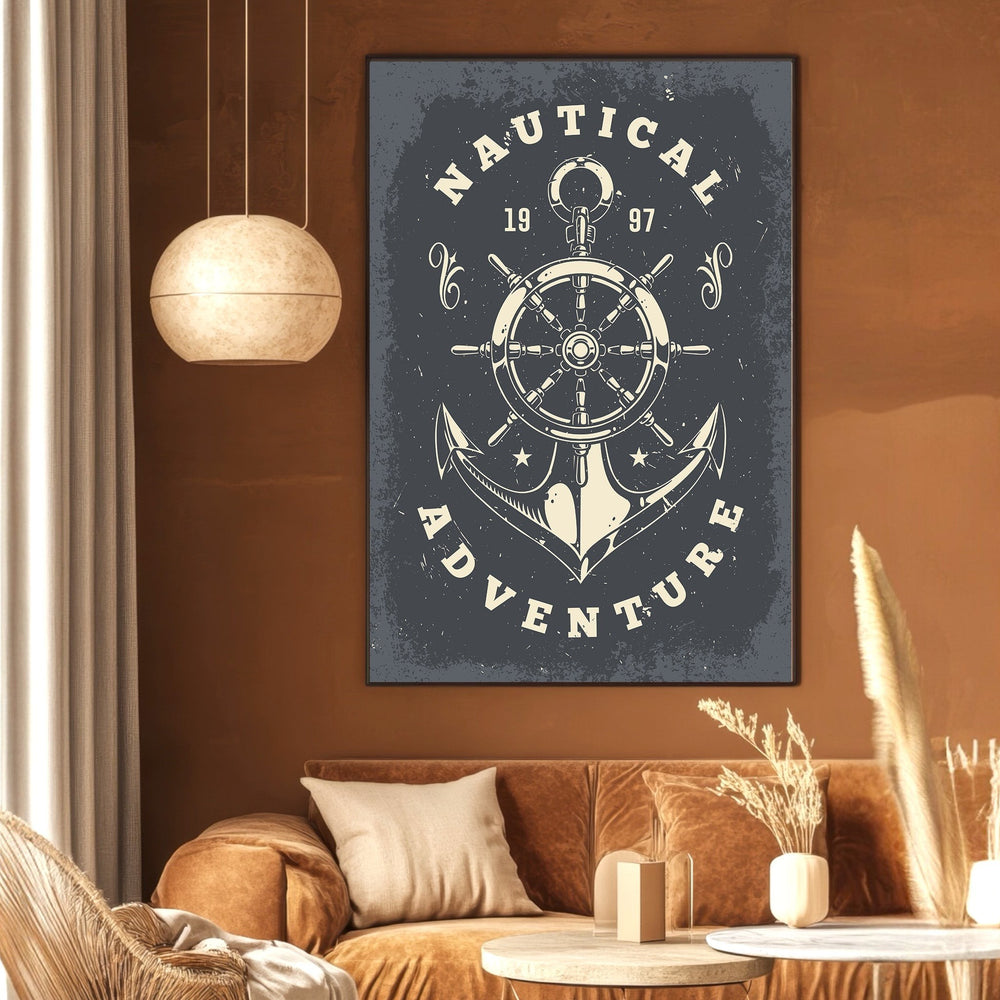 Wadi Home nautical adventure framed wall art featuring a vintage ship wheel and anchor design on a dark grey background.