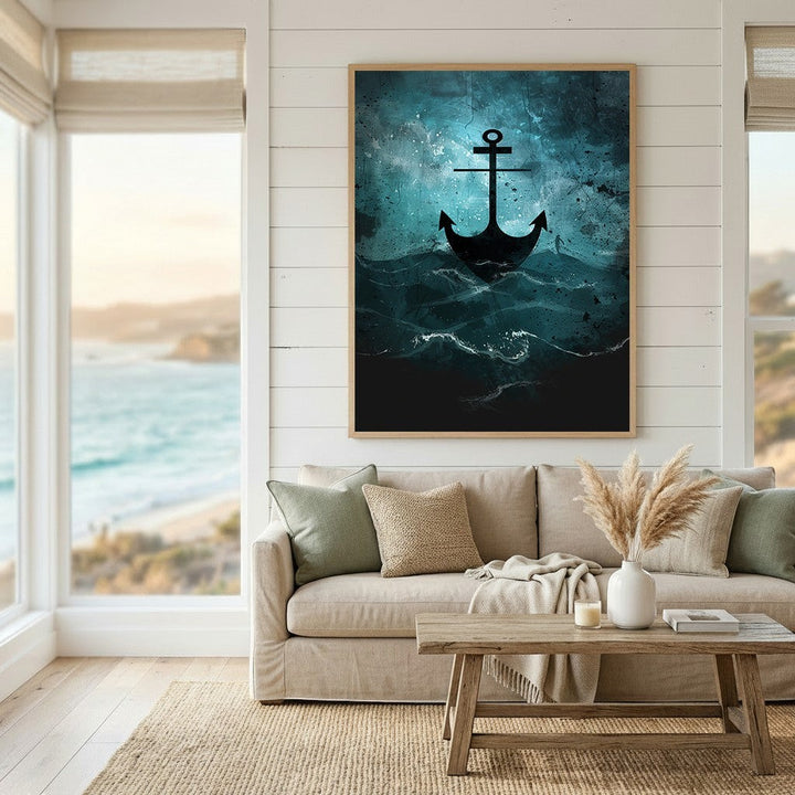 Wadi Home nautical anchor wall art print featuring a black silhouette over moody teal and blue ocean waves in a room.