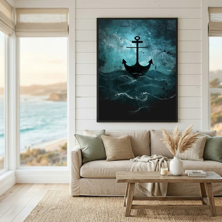 Wadi Home nautical anchor wall art print featuring a black silhouette over deep blue and teal textured ocean waves.