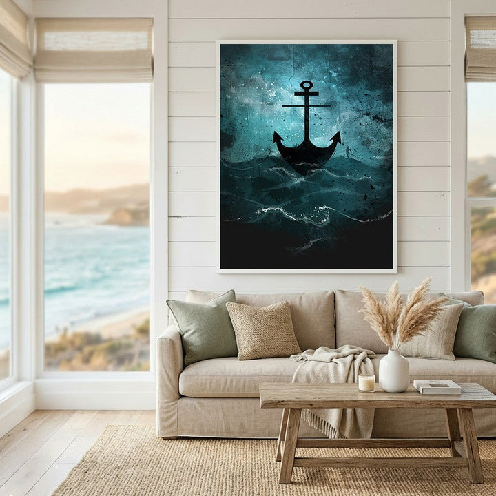 Wadi Home nautical anchor wall art print with deep blue and teal ocean waves hanging in a coastal living room.
