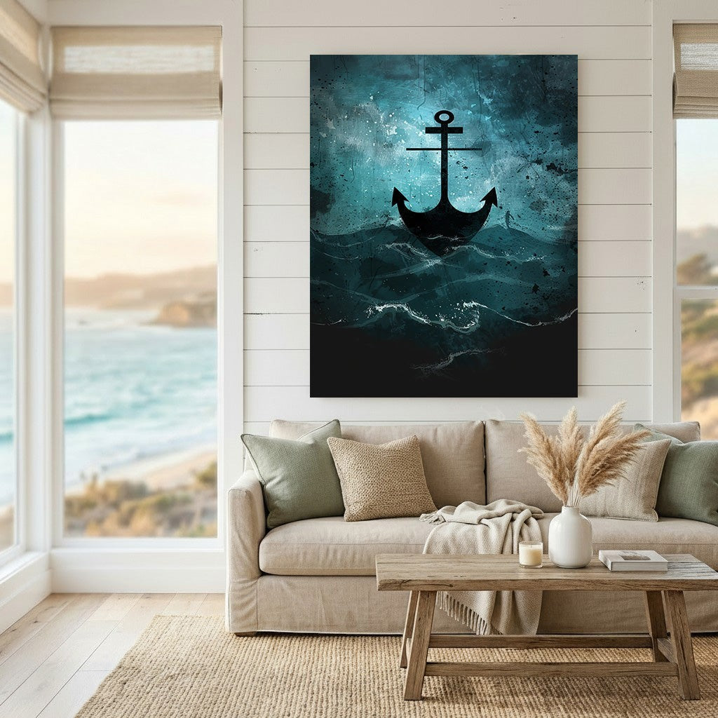 Wadi Home nautical anchor wall art print featuring a black silhouette over textured blue and teal ocean waves.