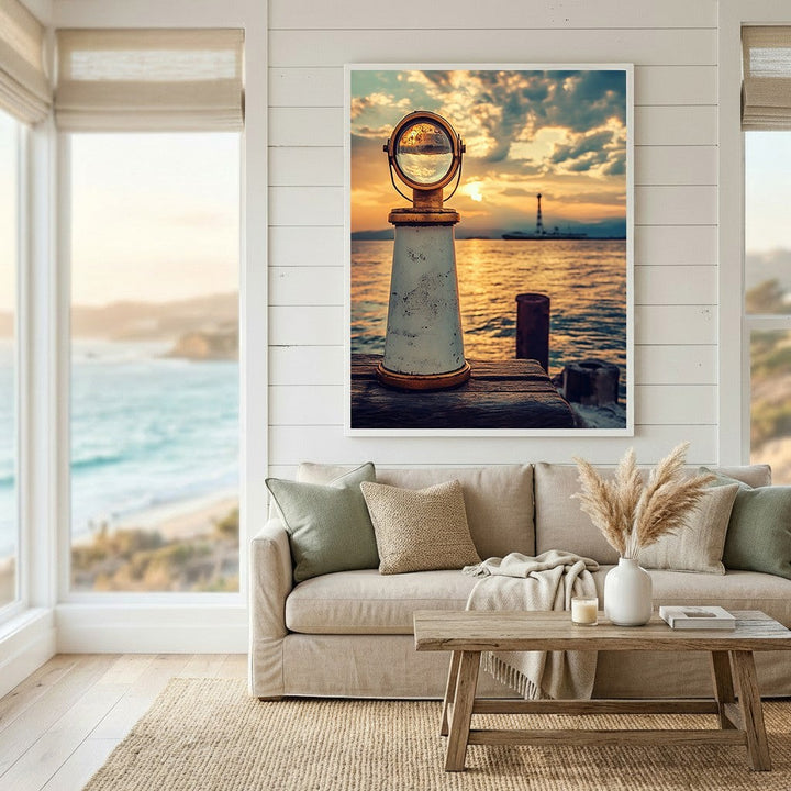 Wadi Home nautical harbor sunset wall art print featuring a vintage maritime lens in a coastal living room.