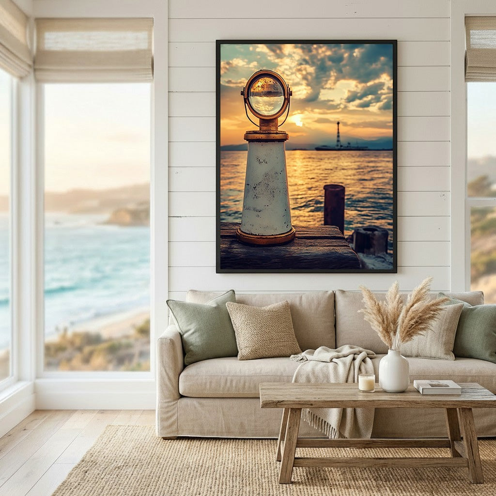 Wadi Home nautical harbor sunset wall art print featuring a vintage maritime lens above a wooden dock at golden hour.