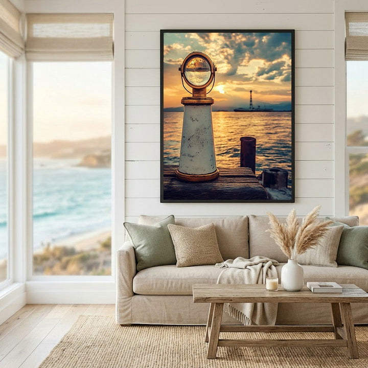 Wadi Home nautical harbor sunset wall art print featuring a vintage maritime lens above a wooden dock at golden hour.