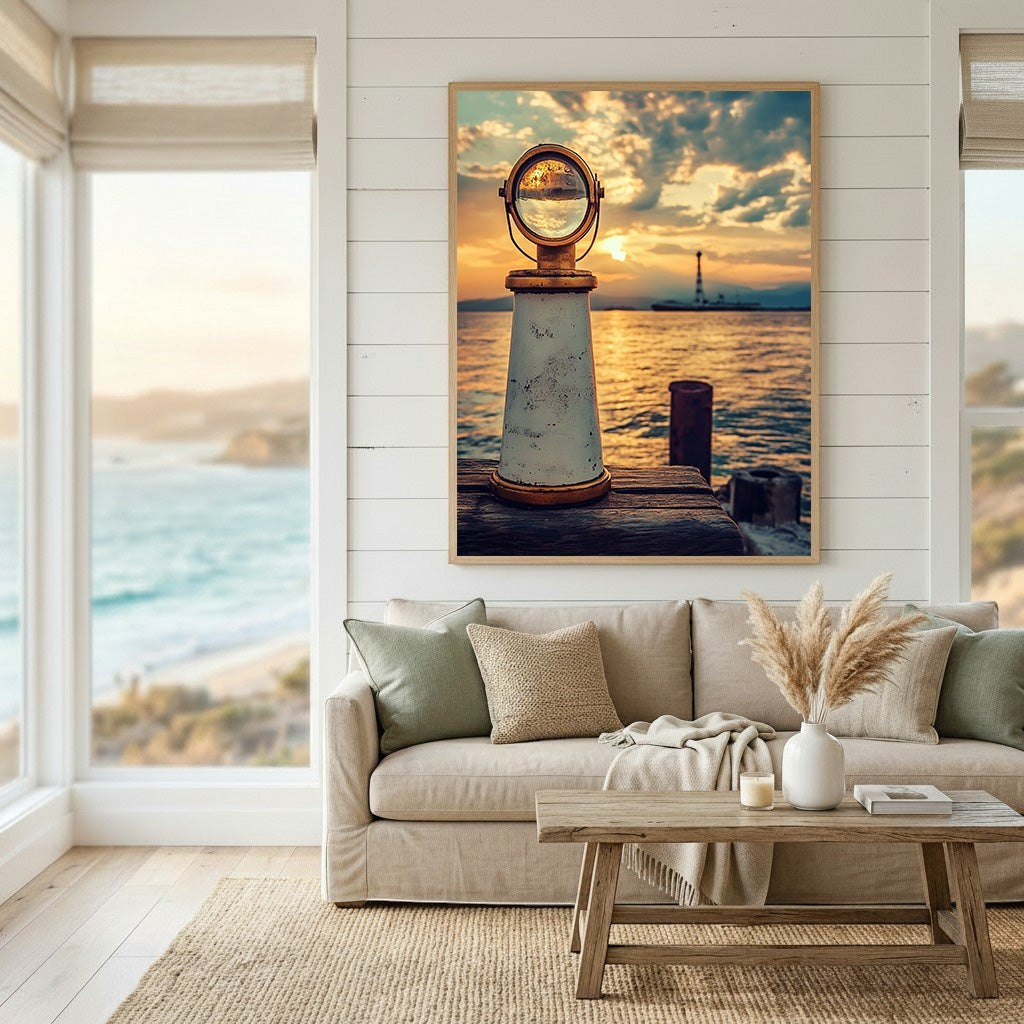 Wadi Home nautical harbor sunset wall art print featuring a vintage maritime lens on a dock in a coastal living room.