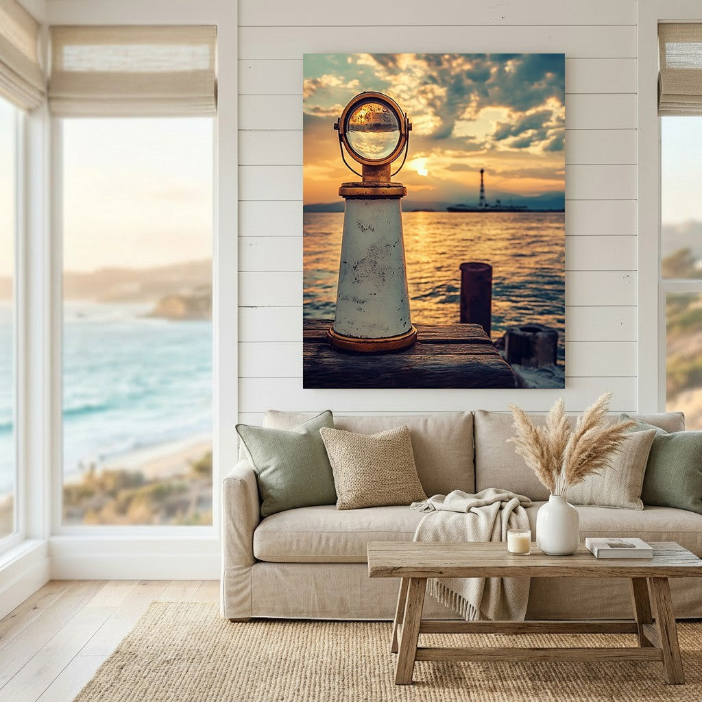 Wadi Home nautical harbor sunset wall art print featuring a vintage maritime lens on a dock in a coastal living room.