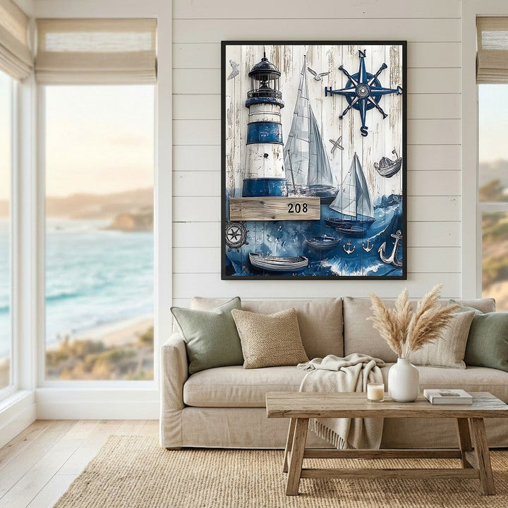 Wadi Home nautical wall art featuring a lighthouse, sailboats, and compass on a rustic blue and white wood background.