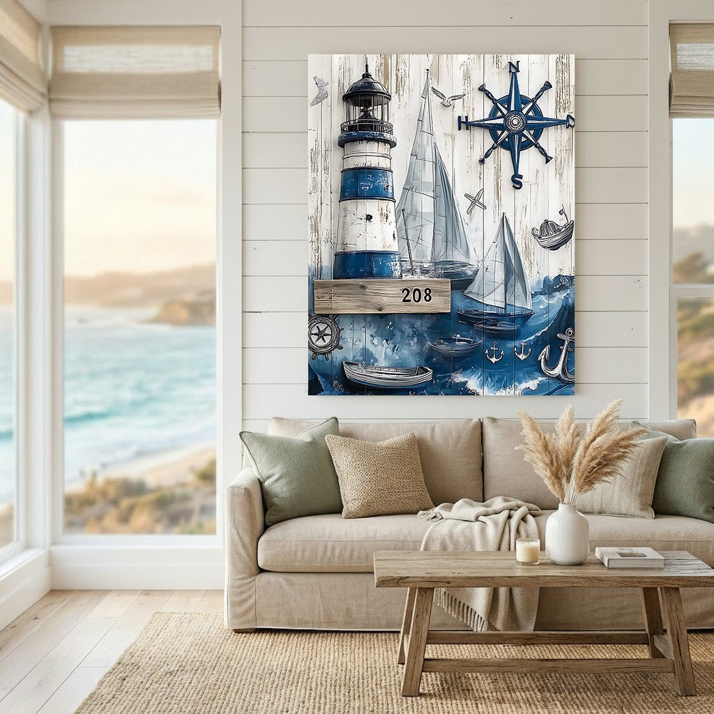 Wadi Home nautical wall art featuring a lighthouse, sailboats, and compass on a rustic blue and white wood background.