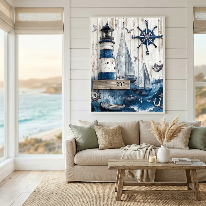 Wadi Home nautical wall art featuring a lighthouse, sailboats, and compass on a rustic wood-plank background.