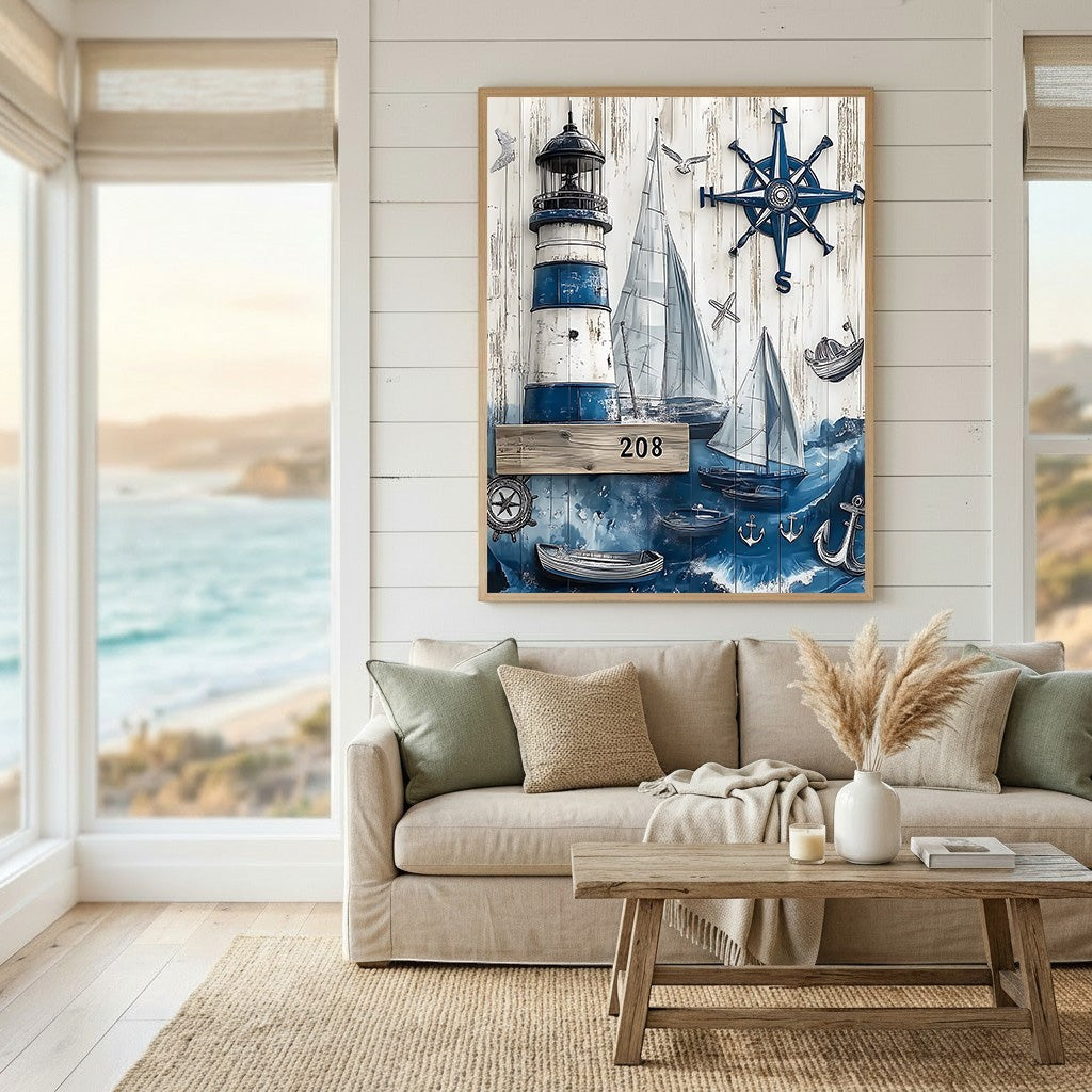 Wadi Home nautical wall art featuring a lighthouse, sailboats, and compass on a rustic white wood-plank background.
