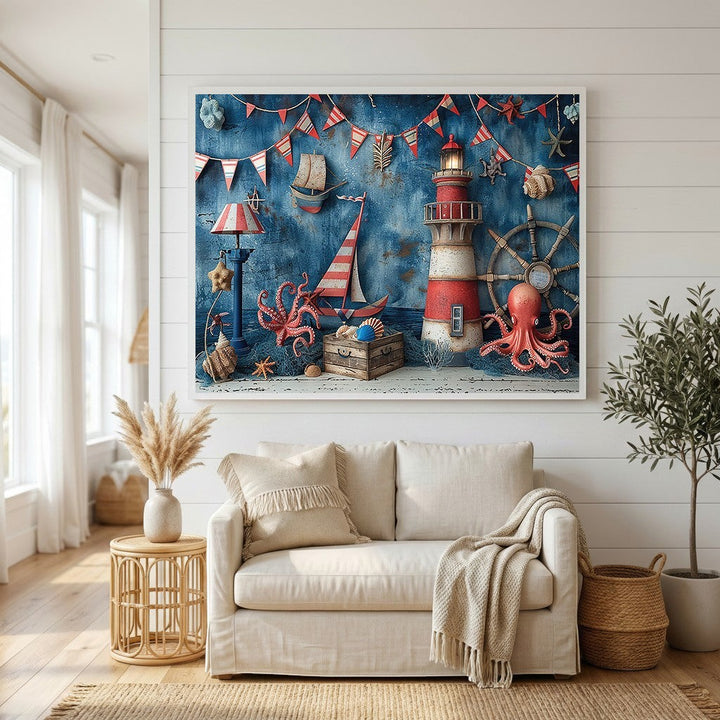 Wadi Home nautical wall art featuring a lighthouse, octopus, and sailboats in a coastal living room setting.