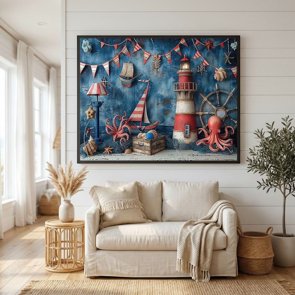 Wadi Home nautical wall art featuring a lighthouse, sailboat, and octopus in a blue, red, and white coastal scene.