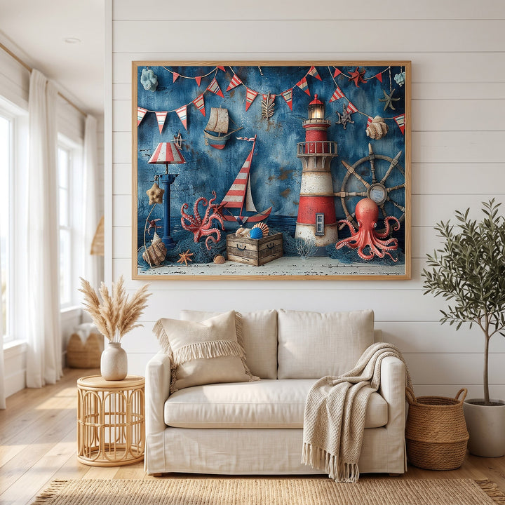 Wadi Home nautical wall art featuring a lighthouse, sailboats, and octopus in deep blue, red, and white tones.