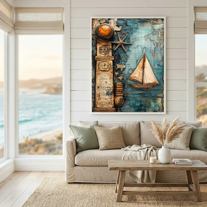 Wadi Home nautical mixed media wall art featuring a 3D sailboat, compass, and starfish in blue and earth tones.
