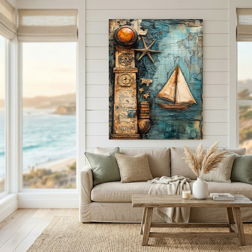 Wadi Home nautical mixed media wall art featuring a 3D sailboat, compass, and starfish on a textured blue map background