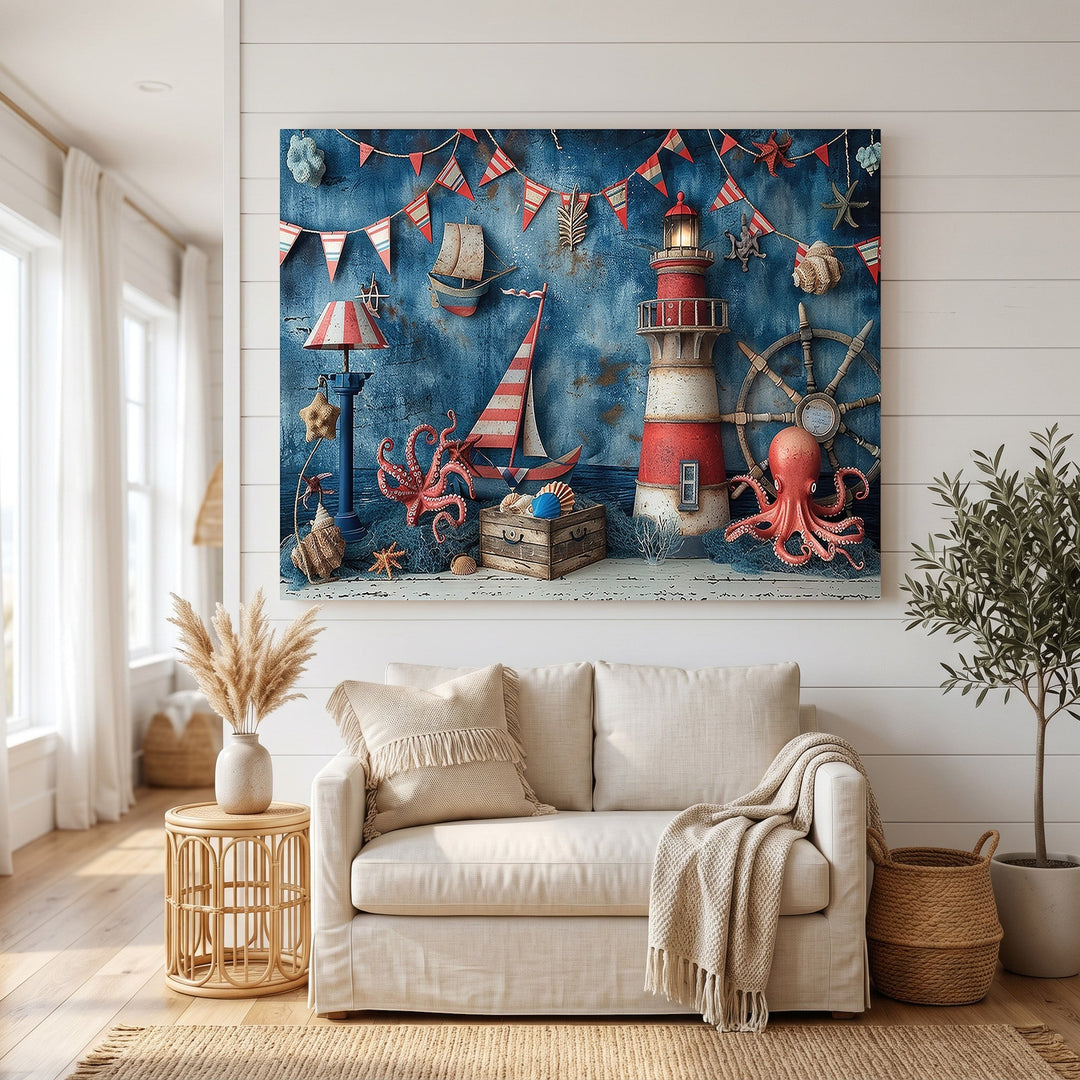 Wadi Home nautical wall art featuring a lighthouse, octopus, and sailboats in deep blue, red, and white tones.