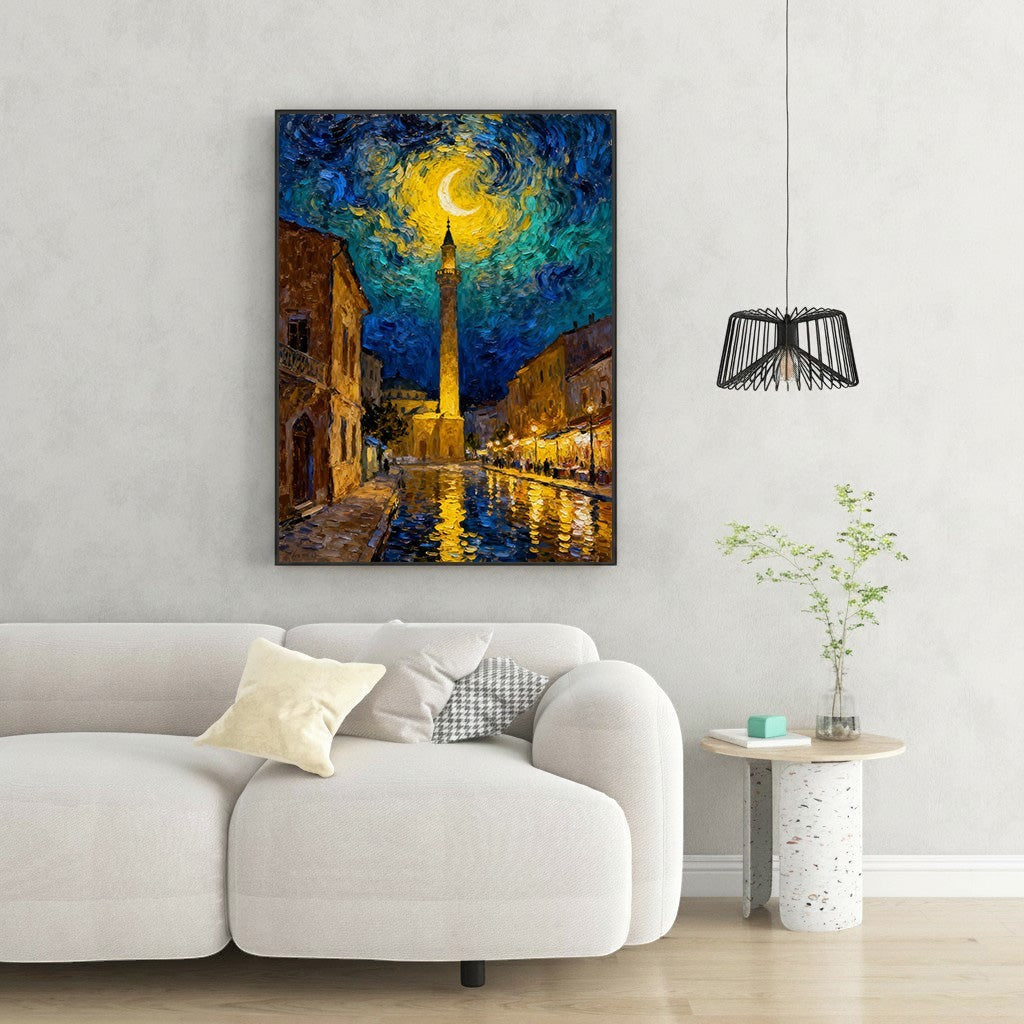 Wadi Home Impressionist night cityscape canvas art with a crescent moon over a tall tower and reflective street.