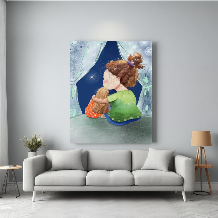 Wadi Home art print of two figures, a woman and child, gazing at a starry night sky from a window. Whimsical illustration.