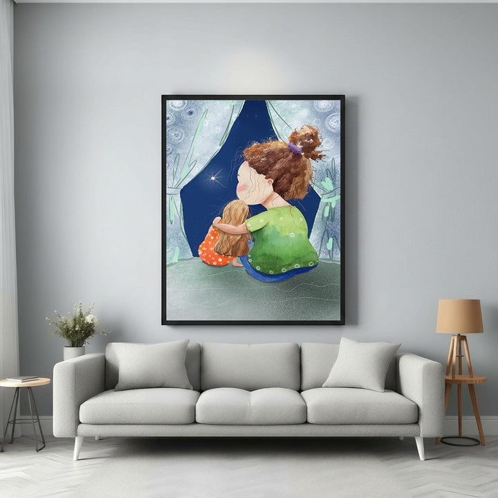 Wadi Home art print of two figures, one older with curly hair, hugging a younger child, gazing at a starry night sky. Whimsical illustration.