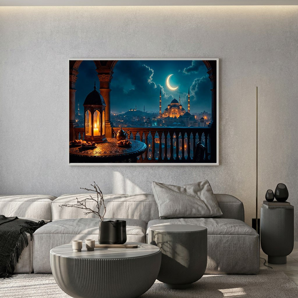 Wadi Home framed nighttime cityscape wall art featuring a glowing lantern and crescent moon above a mosque silhouette.