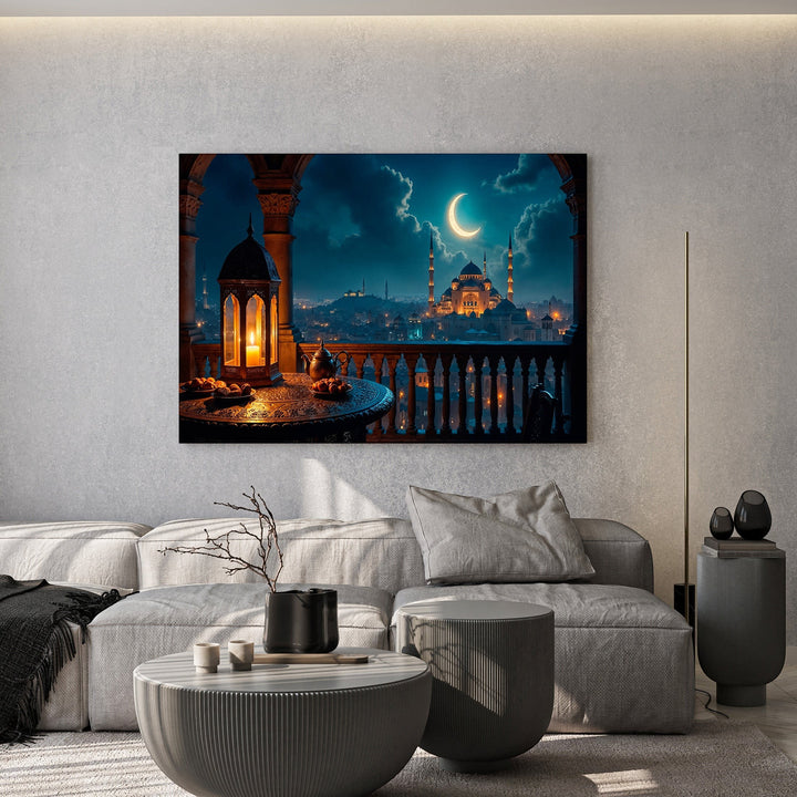 Wadi Home nighttime cityscape wall art print featuring a glowing lantern on a balcony overlooking a moonlit city.