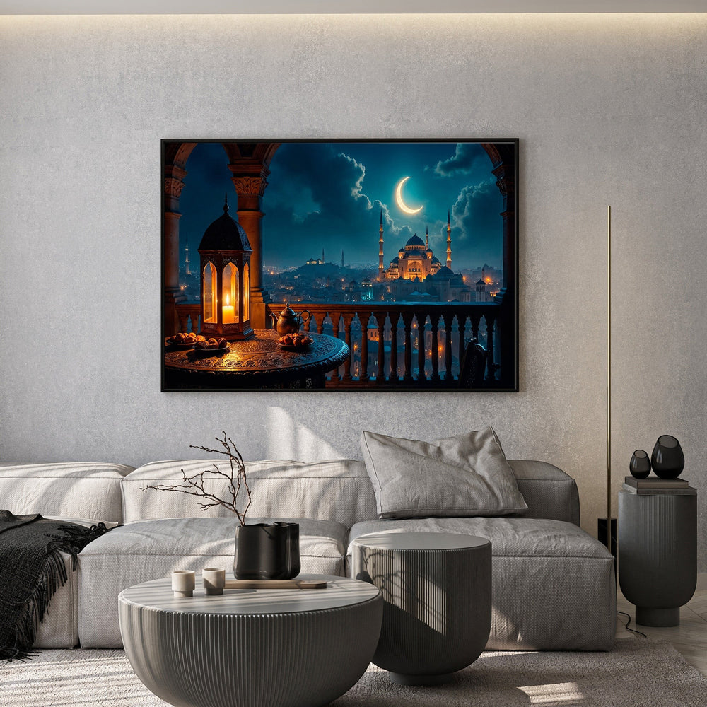 Wadi Home nighttime cityscape wall art print featuring a glowing lantern and mosque silhouette under a crescent moon.