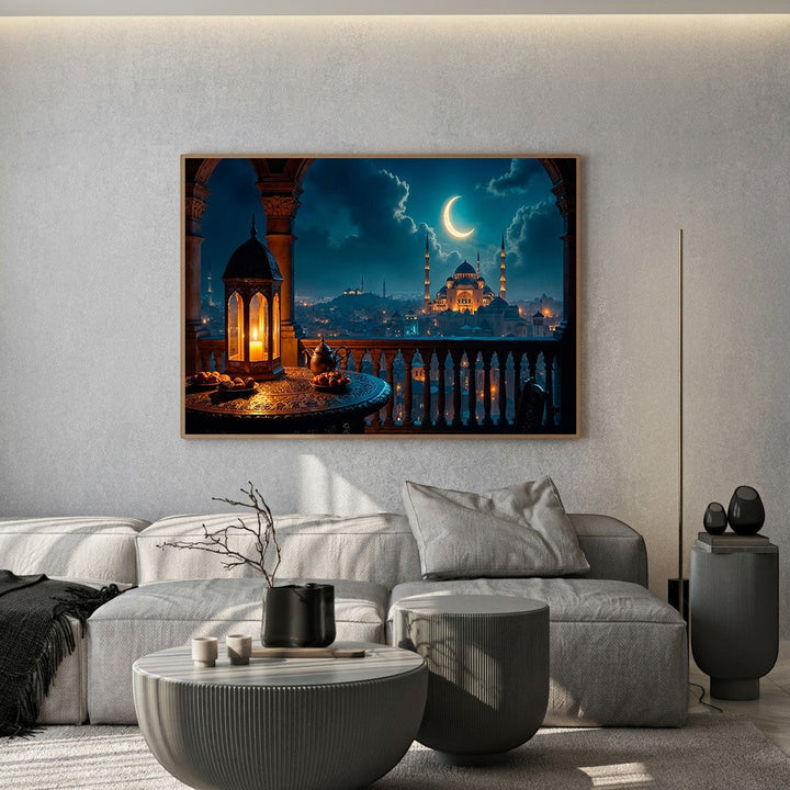 Wadi Home nighttime cityscape wall art print featuring a glowing lantern on a balcony overlooking a moonlit city.