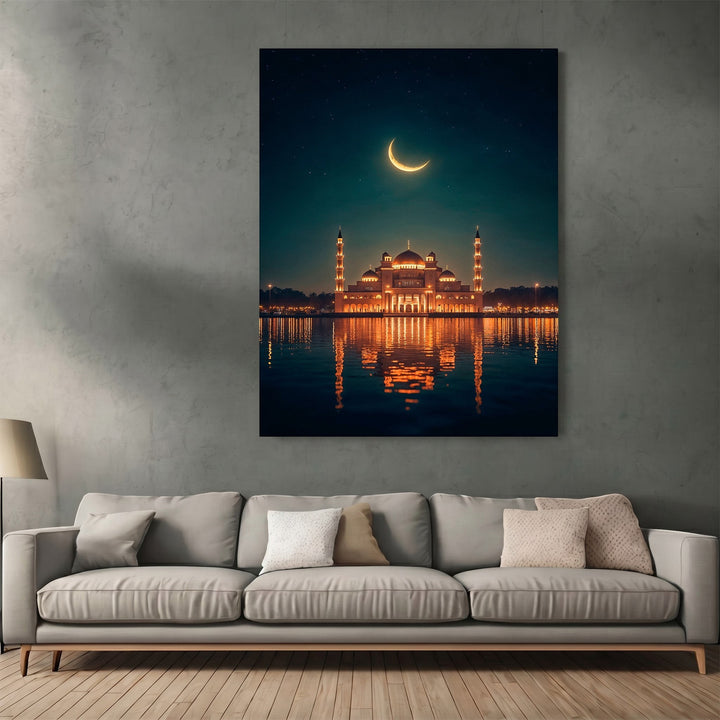 Wadi Home framed wall art of a glowing mosque at night with a crescent moon reflecting on tranquil water.